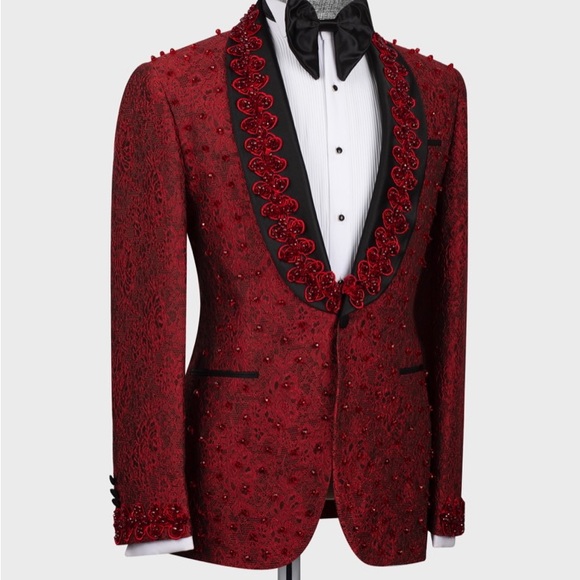 Men’s Red Stone Embroidered Tuxedo - Picture 2 of 13
